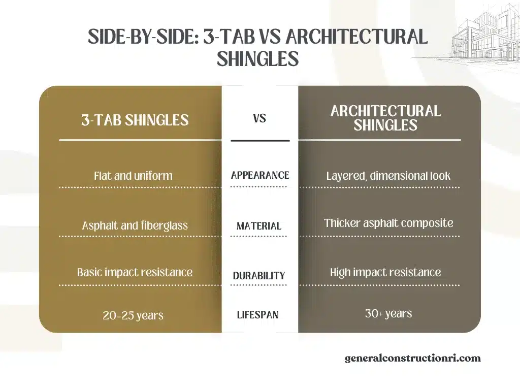 A graphical representation of architectural shingles vs 3 tab shingles
