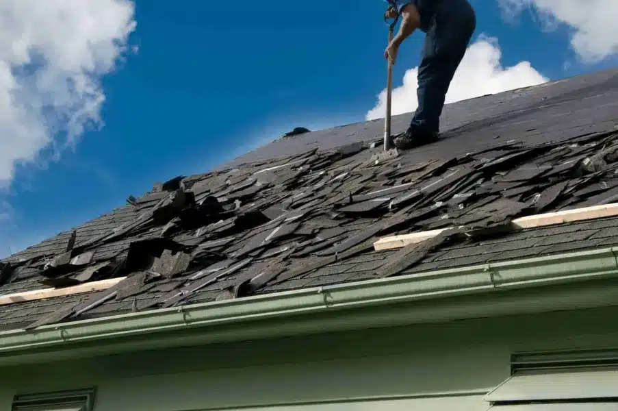 Worker removing old roofing shingles from a roof during a tear-off process in preparation for roof replacement