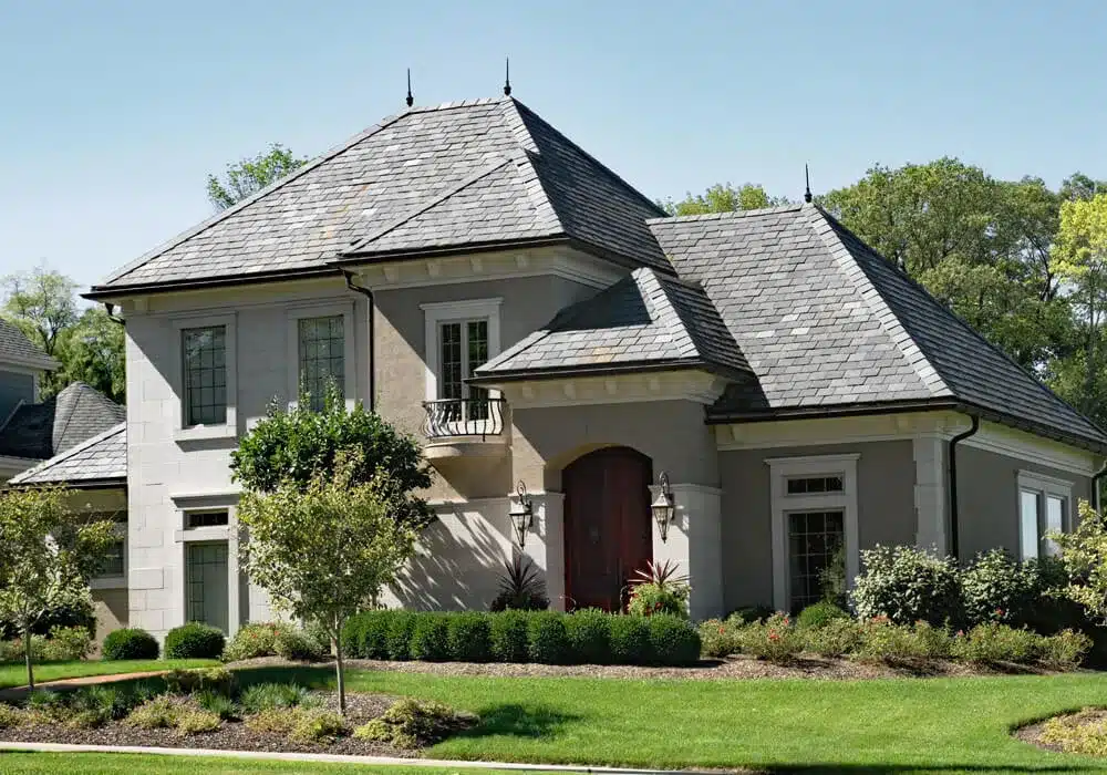 outside of a house with hip roofing