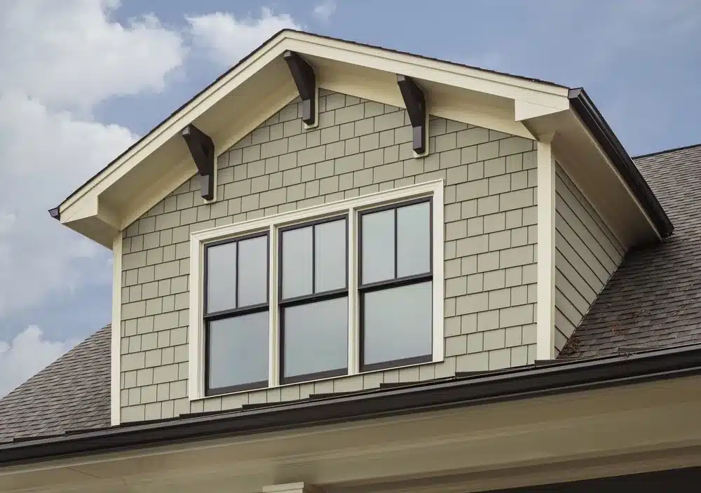 A close-up of a home's upper section, featuring a large grid window, gray cedar-like siding, and white trim under a clean roofline.