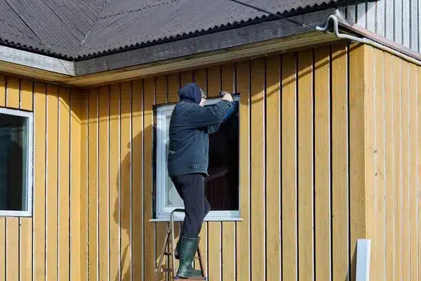 Contractor trimming siding around window on Bristol house scaled