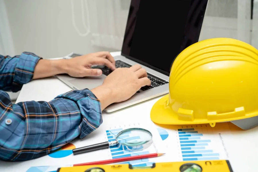 Person using laptop next to yellow hard hat and charts