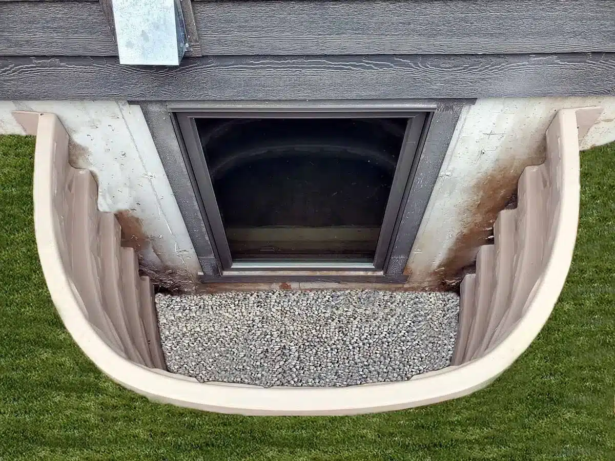 Top view of a basement egress window with a plastic window well, gravel bottom, and surrounding grass