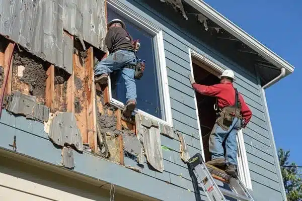 Workers who inspect and repair damaged exterior siding emphasizing the exterior aspect of an apartment or home renovation in providence