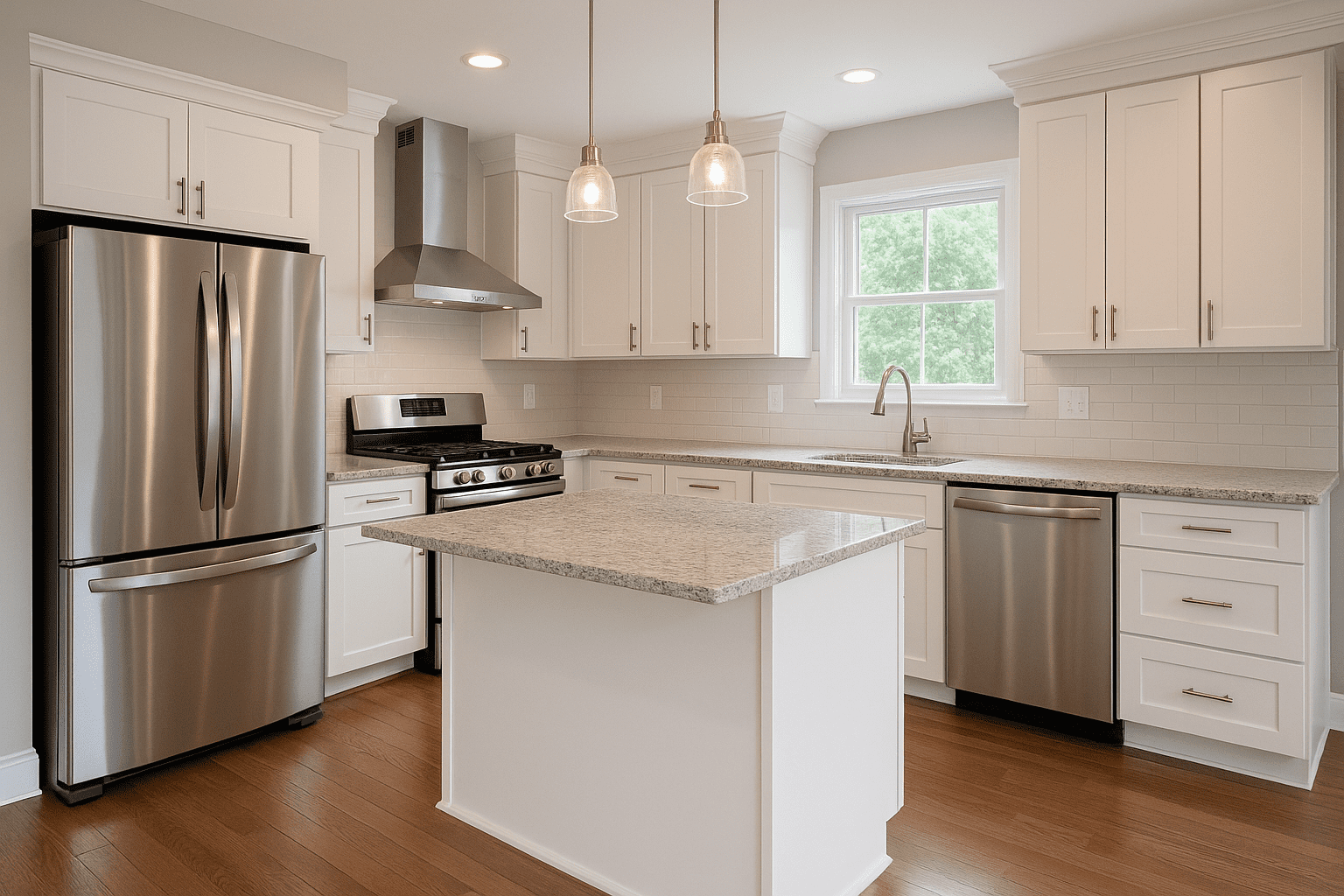 Modern renovated kitchen with white cabinets, granite countertops, stainless steel appliances, and a