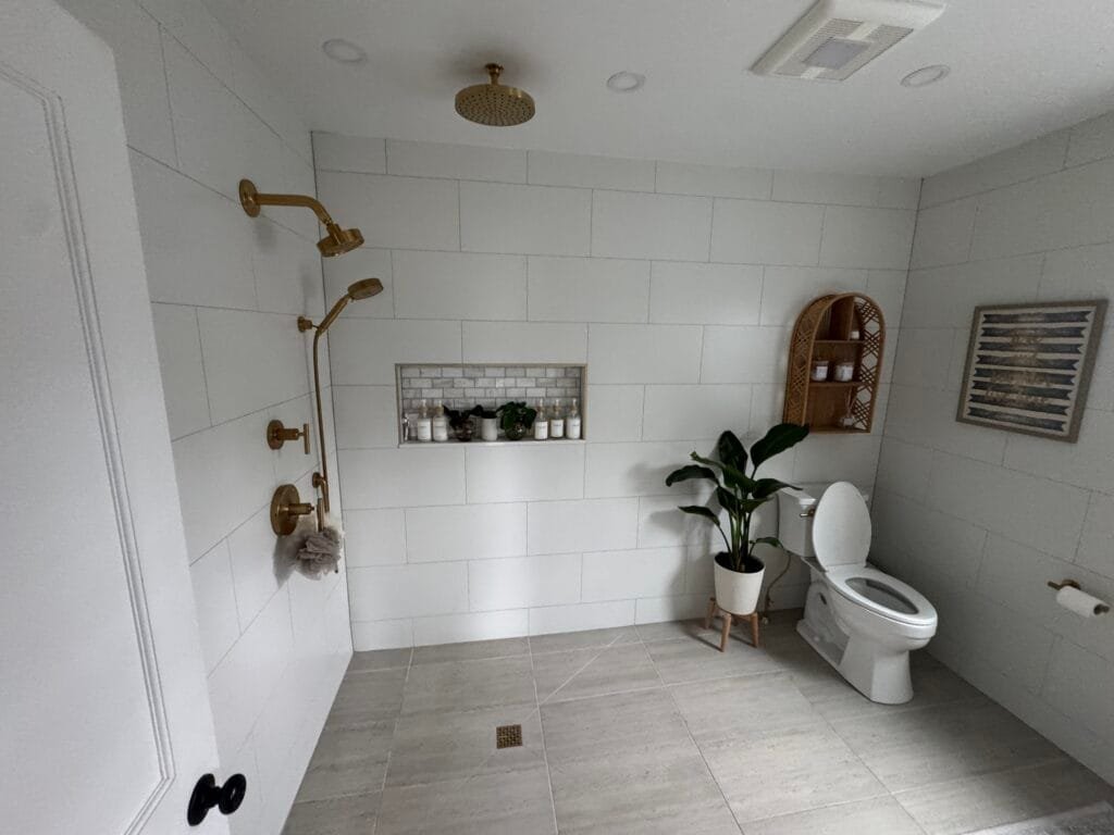 A finished GCR bathroom remodel with a walk-in shower.