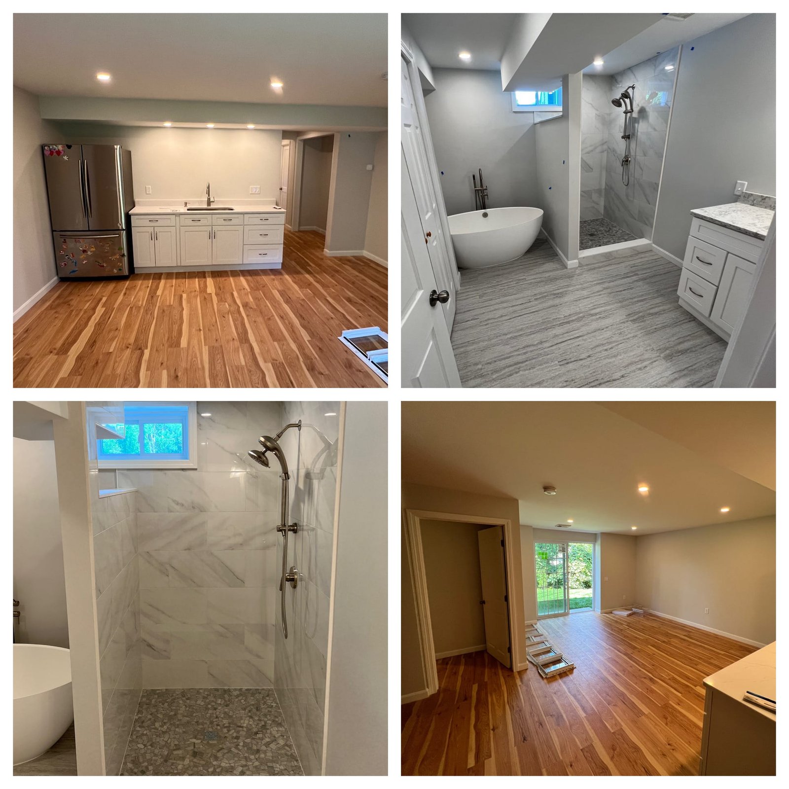 Finished basement remodeling in Rhode Island with recessed lighting and luxury vinyl flooring