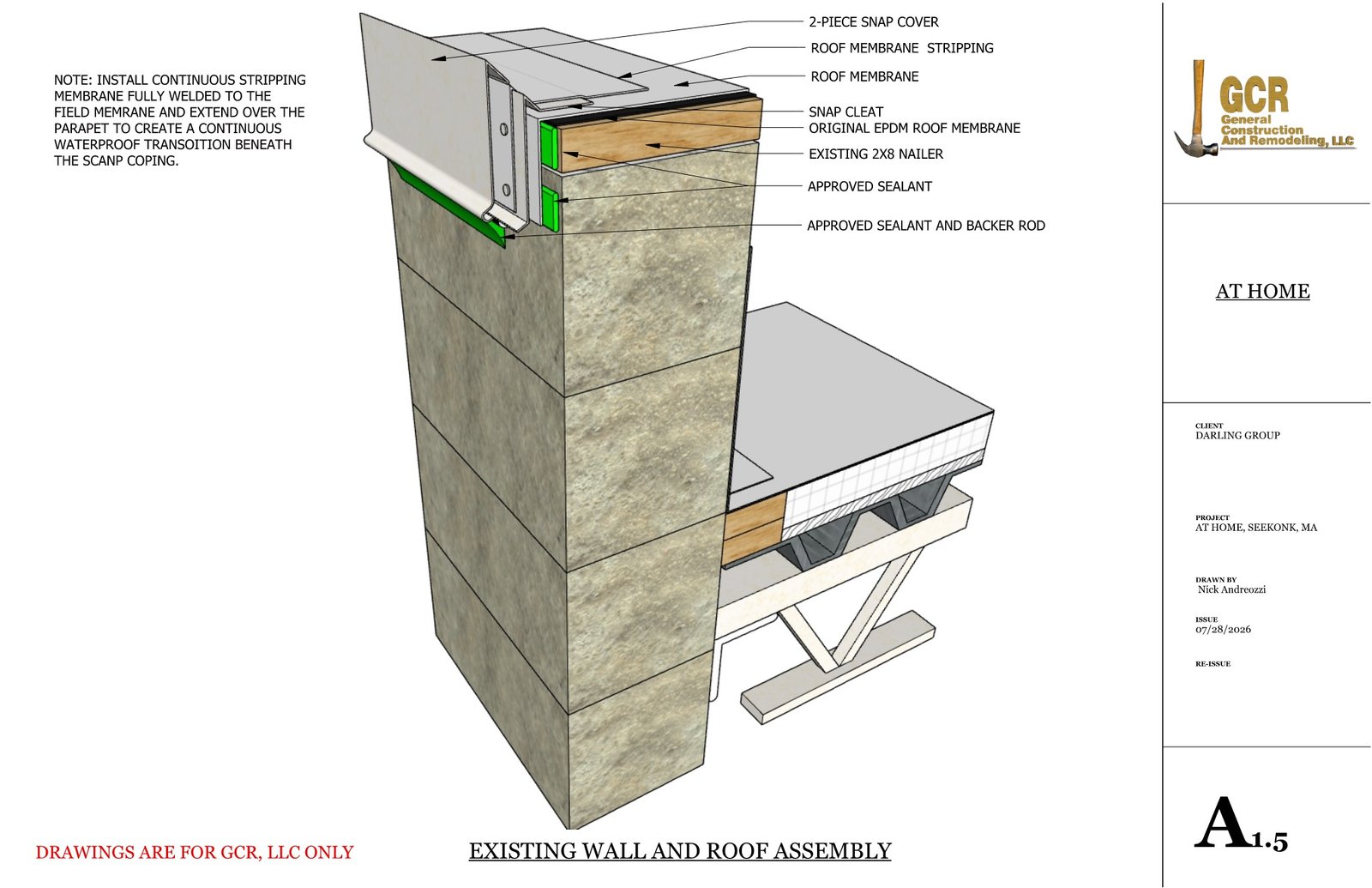 Building envelope repair detail prepared to define waterproofing and exterior wall repair requirements.