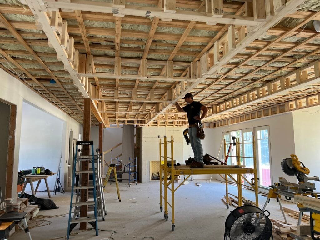 Whole-home renovation opened up to the framing.